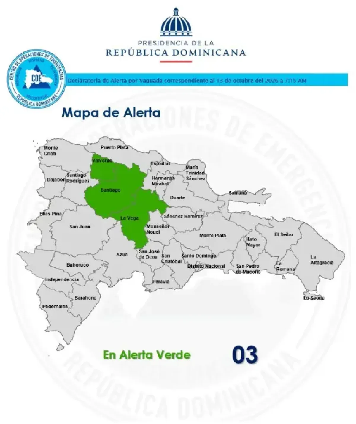 COE activa alerta verde en tres provincias por riesgo de lluvias e inundaciones
