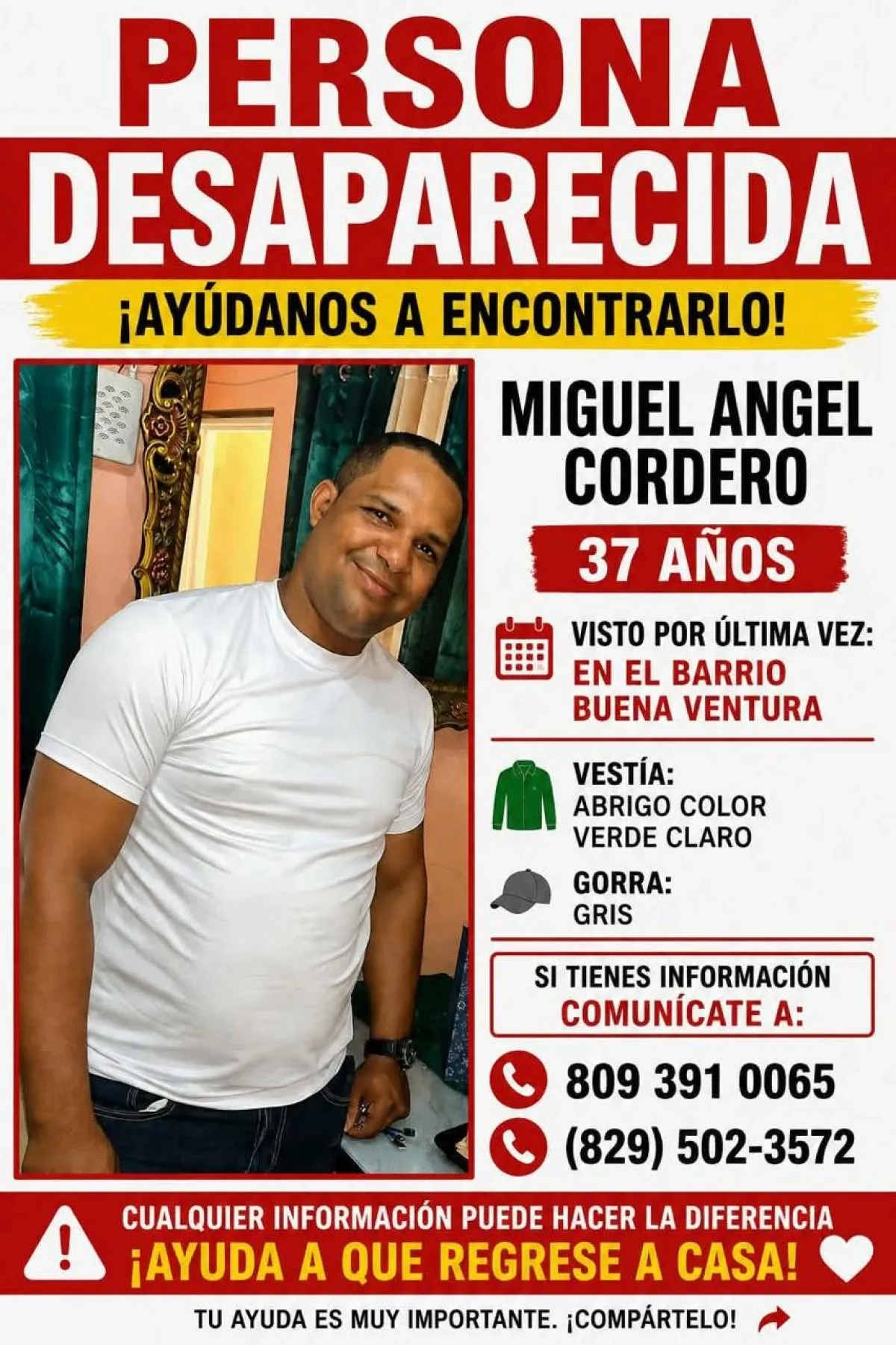 Familiares reportan desaparición de Miguel Ángel Cordero en Santo Domingo Este