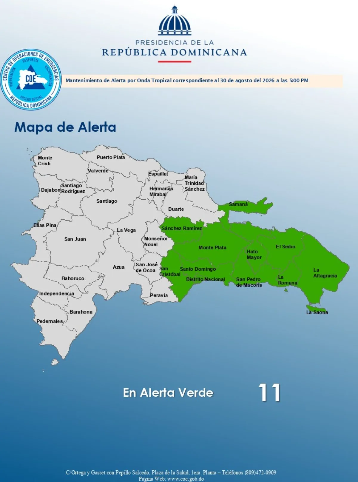 COE eleva a 10 provincias en alerta verde por onda tropical con lluvias de hasta 75 mm