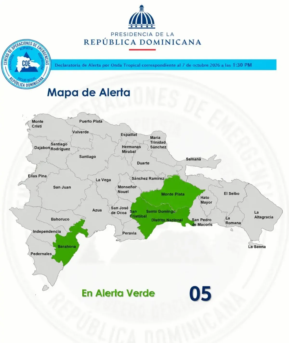 COE activa alerta verde en cinco provincias por onda tropical y vaguada