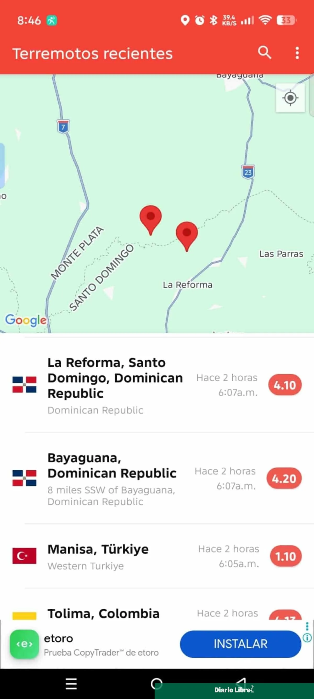 Sismo de magnitud 4.1 registrado en República Dominicana a las 6:06 a.m. del 27 de septiembre