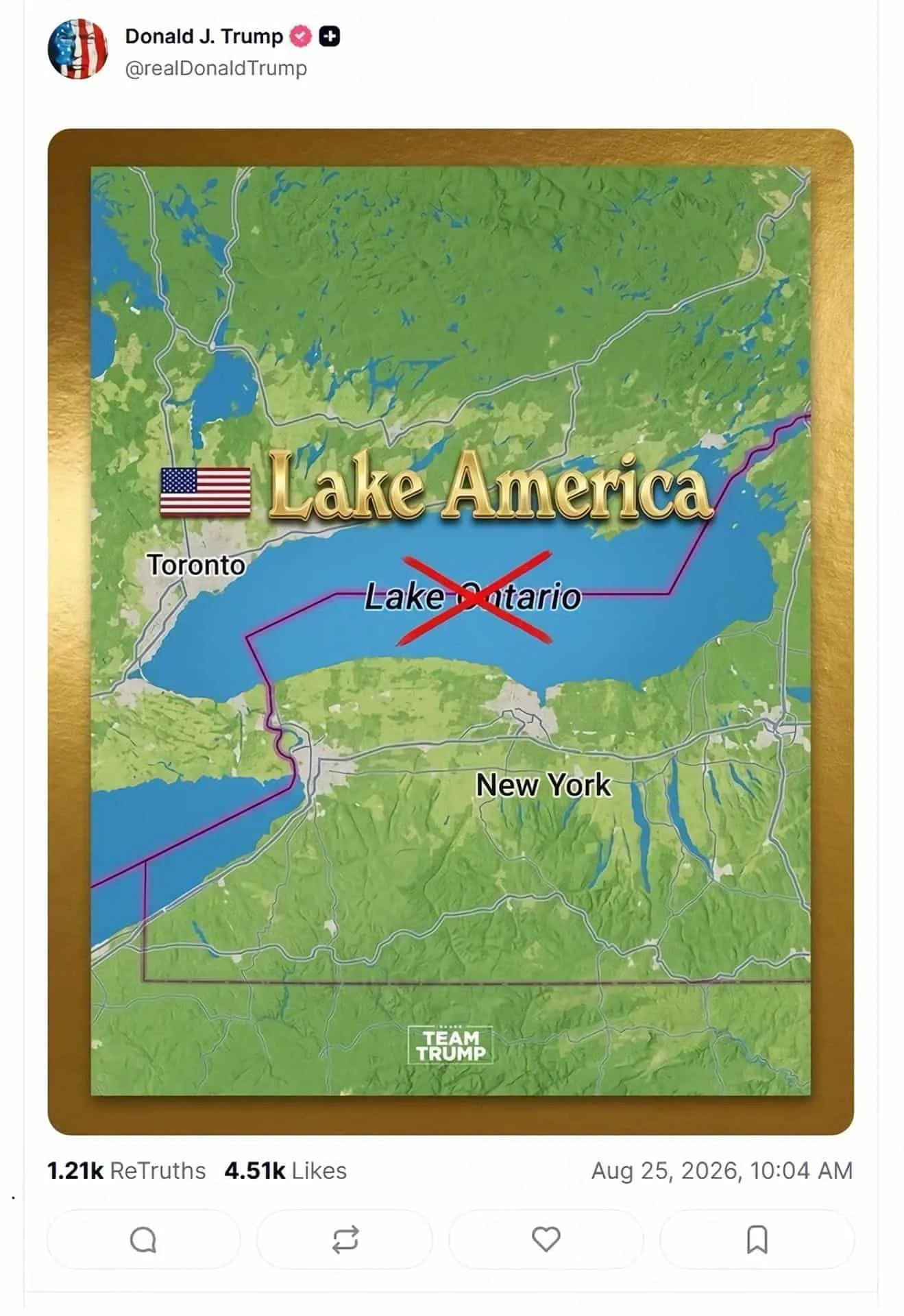 Trump ordena cambiar nombre del Lago Ontario a 'Lago de América'